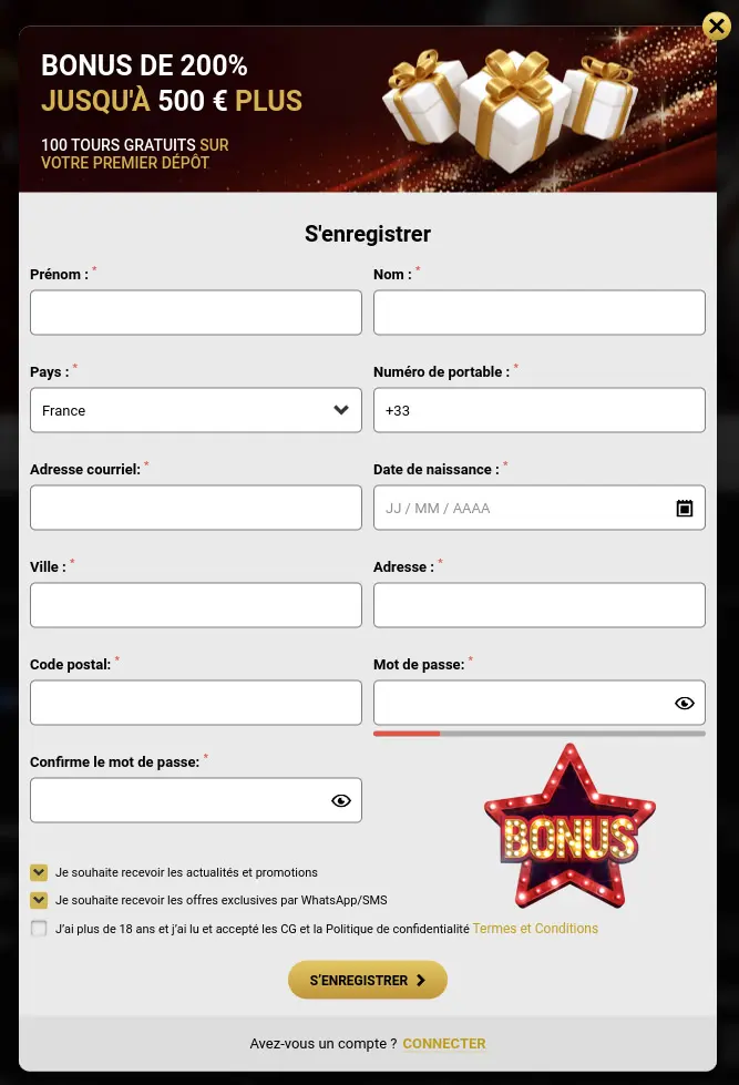Processo di registrazione WIN UNIQUE CASINO